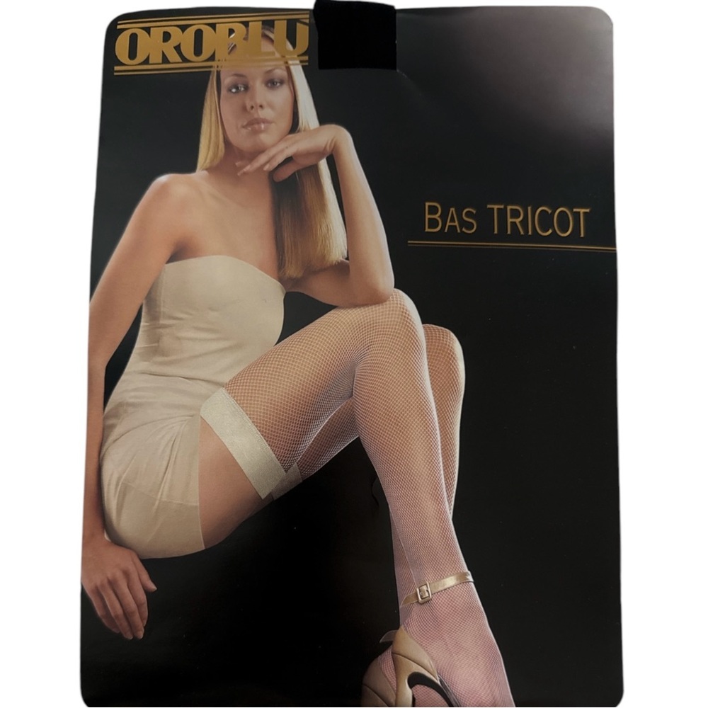 Y2K Oroblu Bas Tricot Micro Net Fishnet Stockings in Black,‎ Stay Ups, L/XL, New